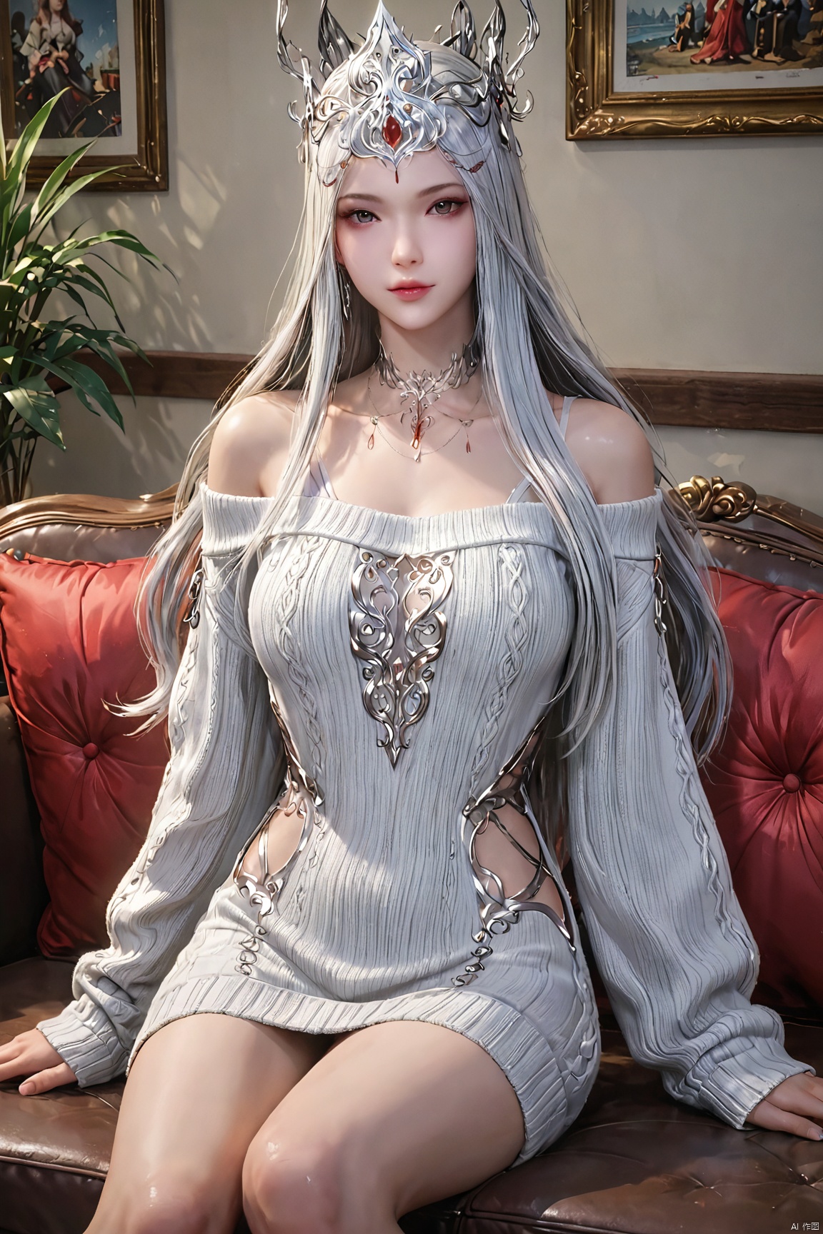 score_9,score_8_up,score_7_up,BSX,1girl, solo,shiny_skin, long hair, white gray hair, hair ornamen,(off-shoulder sweater:1.2),indoor,sitting on the sofa, tiara,learning forward,