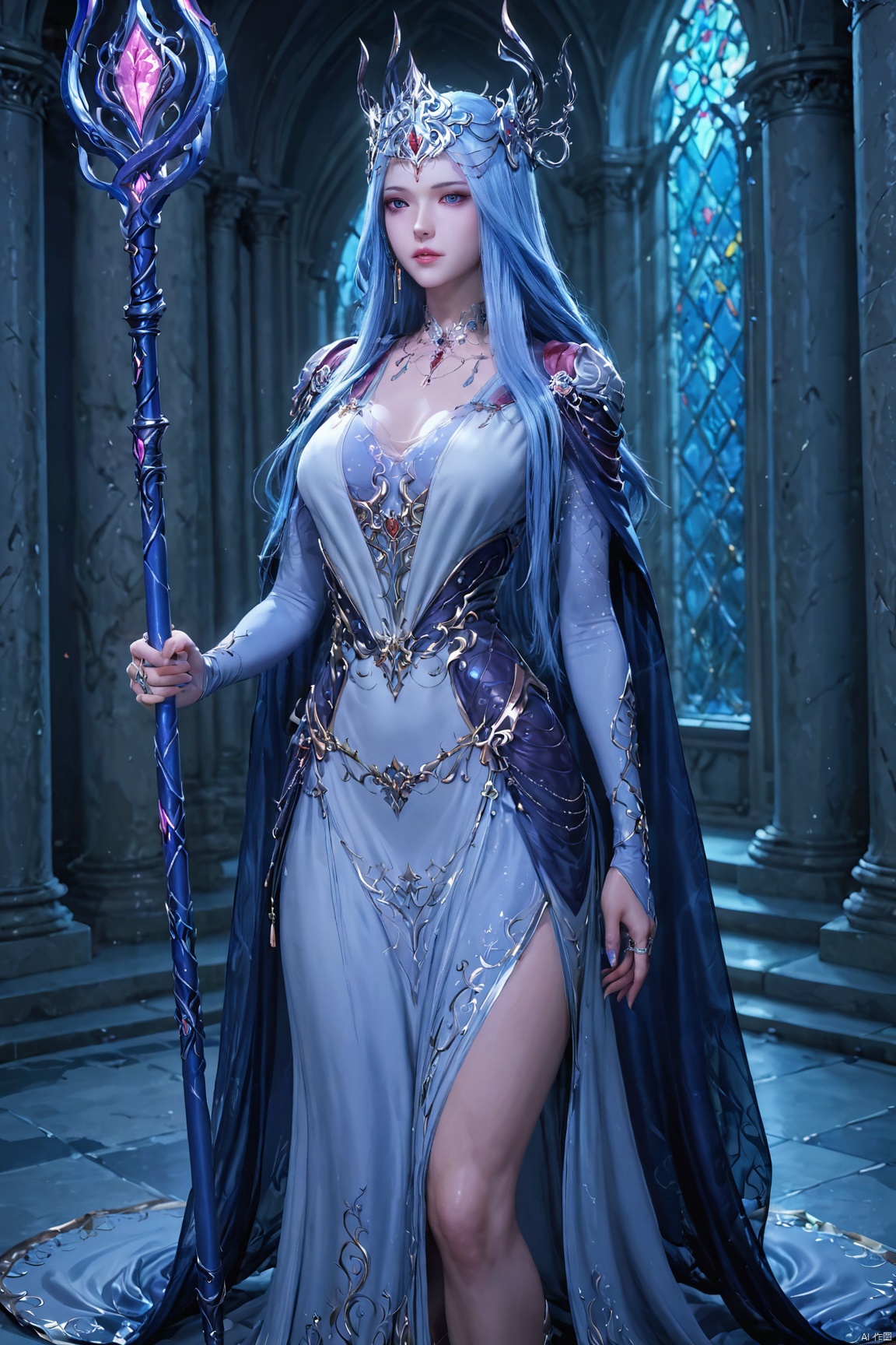 score_9,score_8_up,score_7_up,BSX,1girl, solo, long hair, breasts, dress, holding, jewelry, blue hair, indoors, cape, ring, staff, holding staff