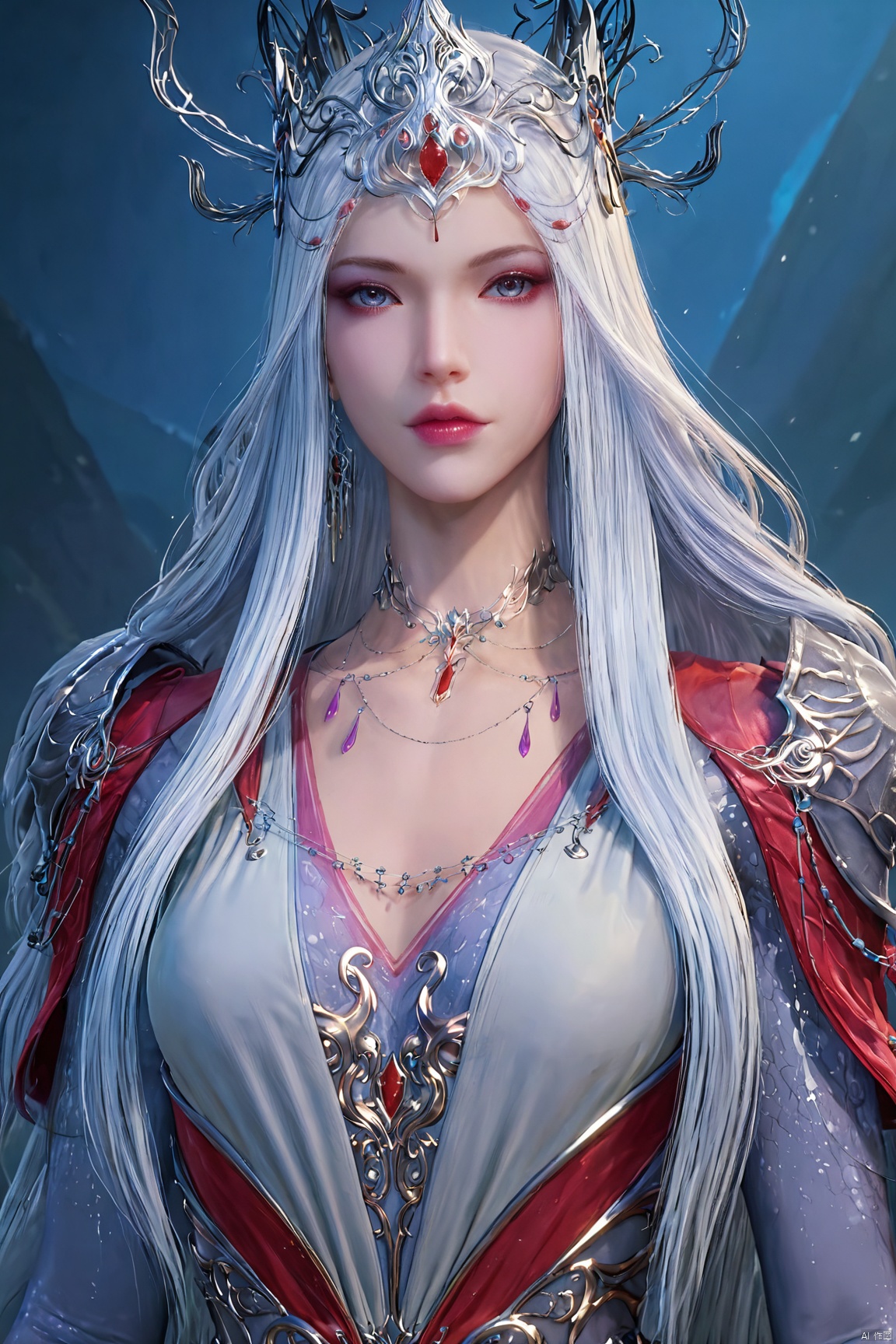 score_9,score_8_up,score_7_up,BSX,1girl, solo, long hair, breasts, looking at viewer, blue eyes, dress, jewelry, upper body, white hair, armor, lips, makeup, tiara