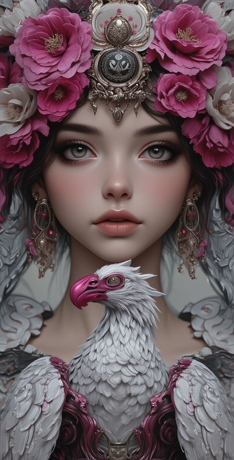a woman wearing floral decorations on her head to,  in the style of futuristic art,  dark white and magenta on Tensor.Art