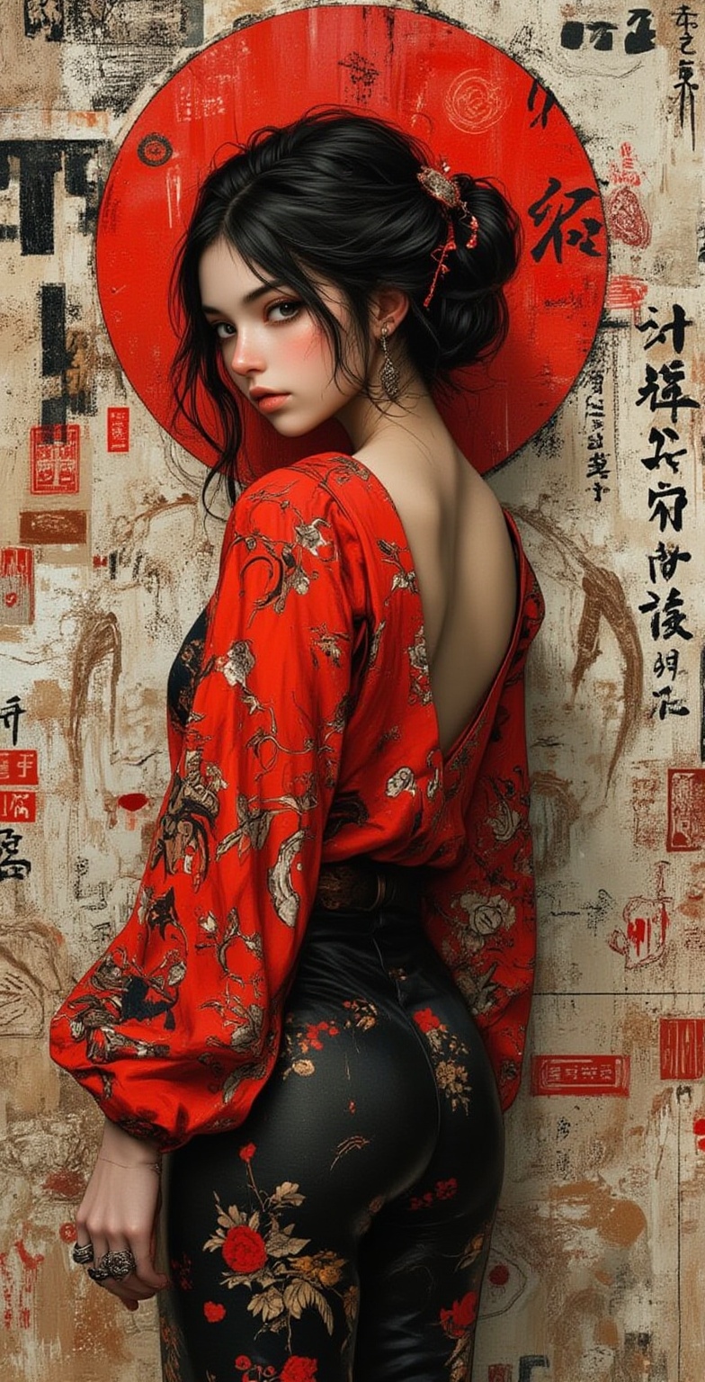 poster art. stunning beauty japanese woman. Girl poses looking back. ink,  abstract,  punk collage on Tensor.Art
