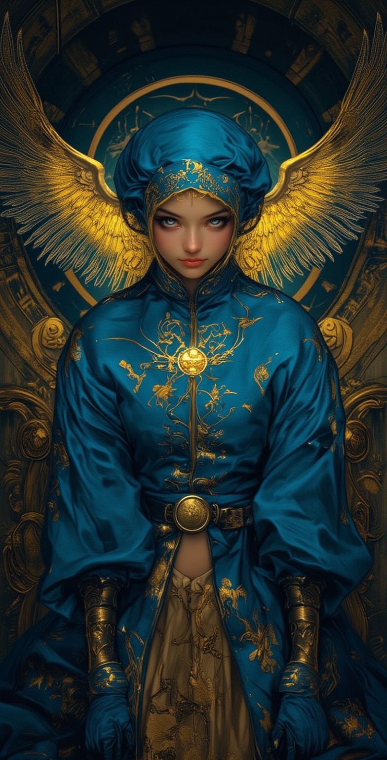 a blue girl with gold angel halo head,  in the style of neon realism,  darkly romantic illustrations on Tensor.Art