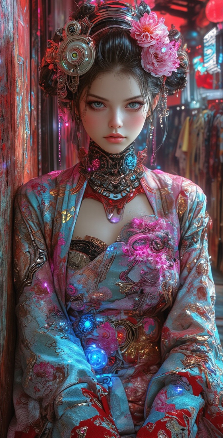 An ethereal cybernetic geisha,  adorned with intricate circuit patterns and holographic cherry blossoms dancing around her...