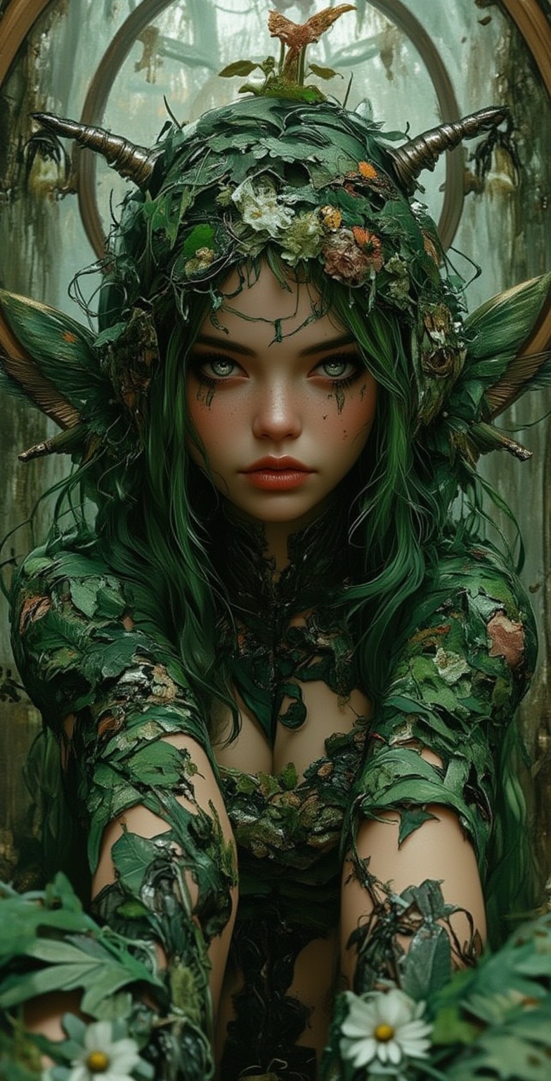 ultra detailed photo shot of a woman dressed as Poison Ivy,  with wings made of ((grassy-leaves) ) biophilic design,  flor...