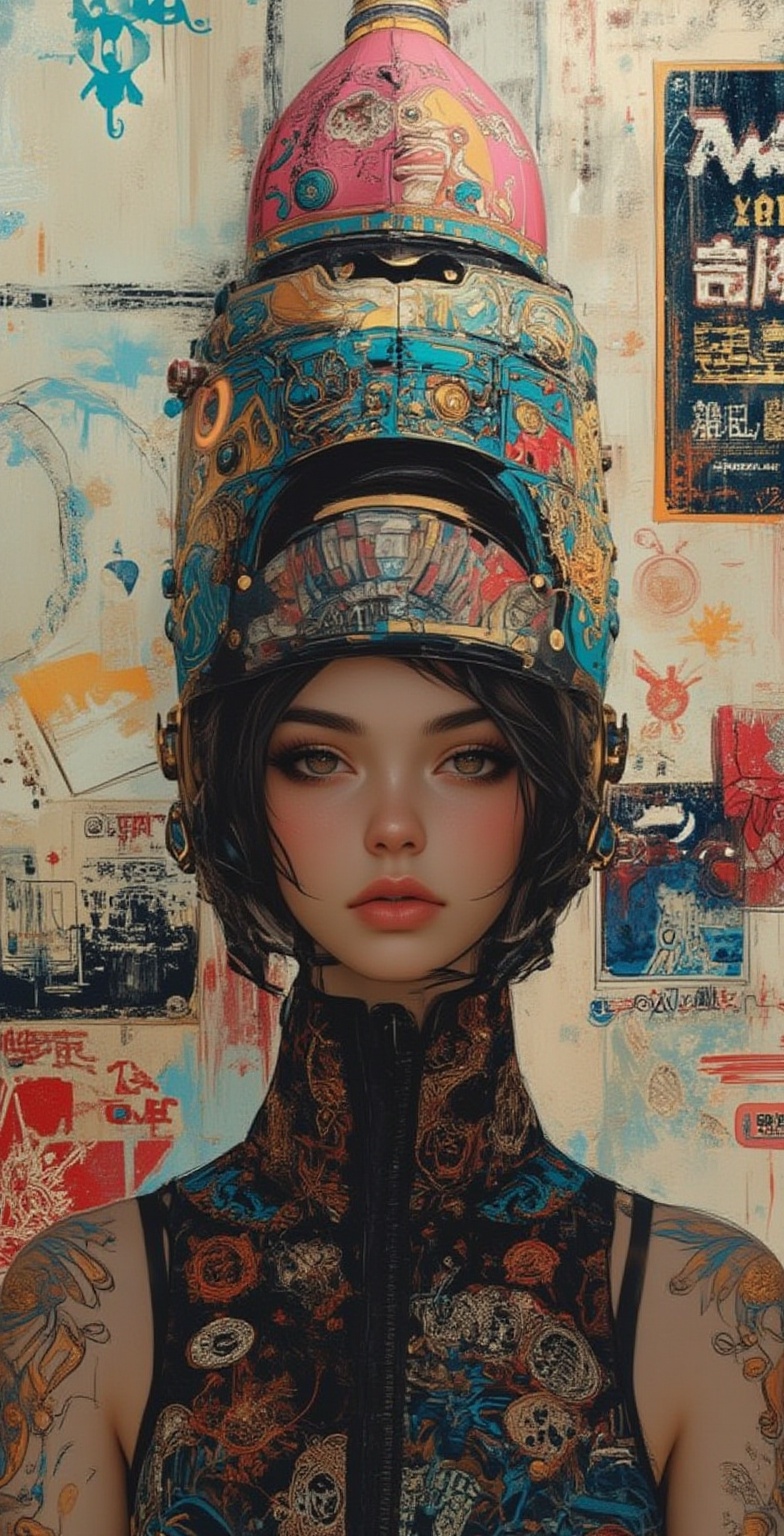 drawing with a multi-colored hat,  in the style of gloomy metropolises,  pop culture mash-up on Tensor.Art