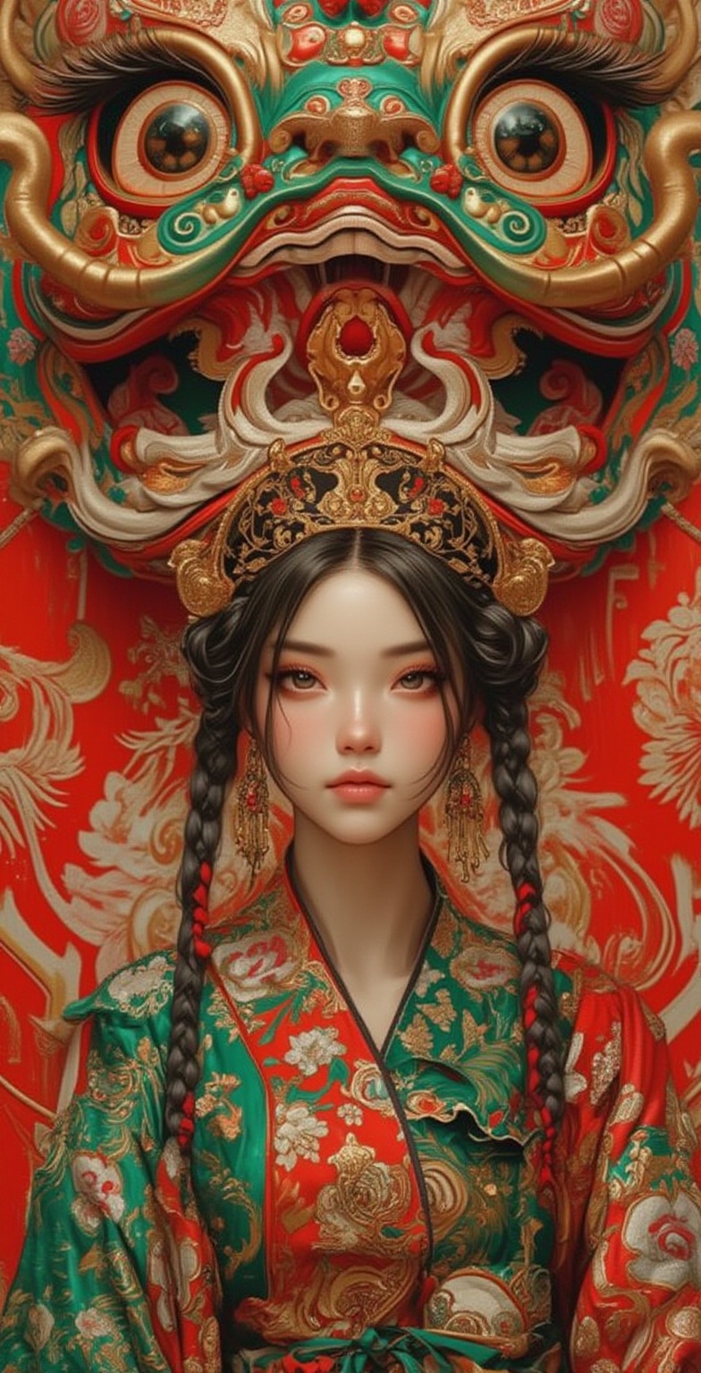 a chinese sexy girl is standing in front of a lunar new year dragon,  in the style of digital painting,  intricate costume...