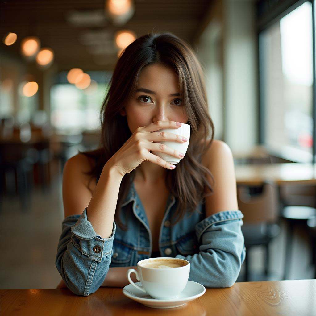 analog film photo Kodak Portra 400 analog film stocks of a woman sitting at a table drinking a cup of coffee,  detailed im...