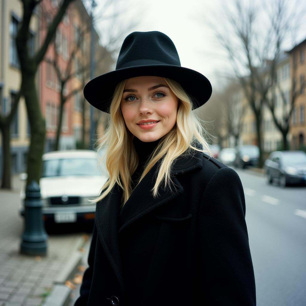 analog film photo Kodak Portra 400 analog film stocks of a woman in a black coat and hat standing on a street,  detailed i...