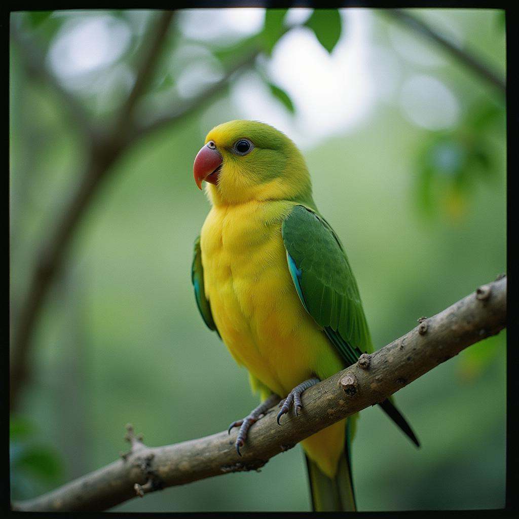 analog film photo Kodak Portra 400 analog film stocks of a green and yellow bird perched on a tree branch,  detailed image...