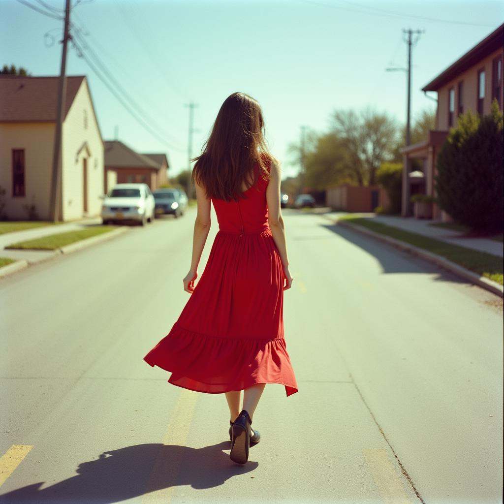 analog film photo Kodak Portra 400 analog film stocks of a woman in a red dress is walking down the street,  detailed imag...