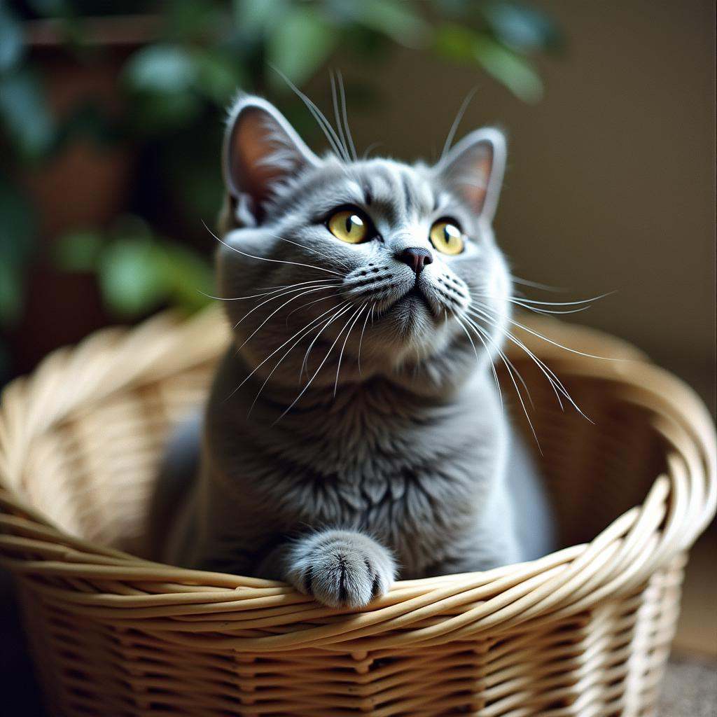 analog film photo Kodak Portra 400 analog film stocks of a gray cat sitting in a basket looking up,  detailed image,  shar...