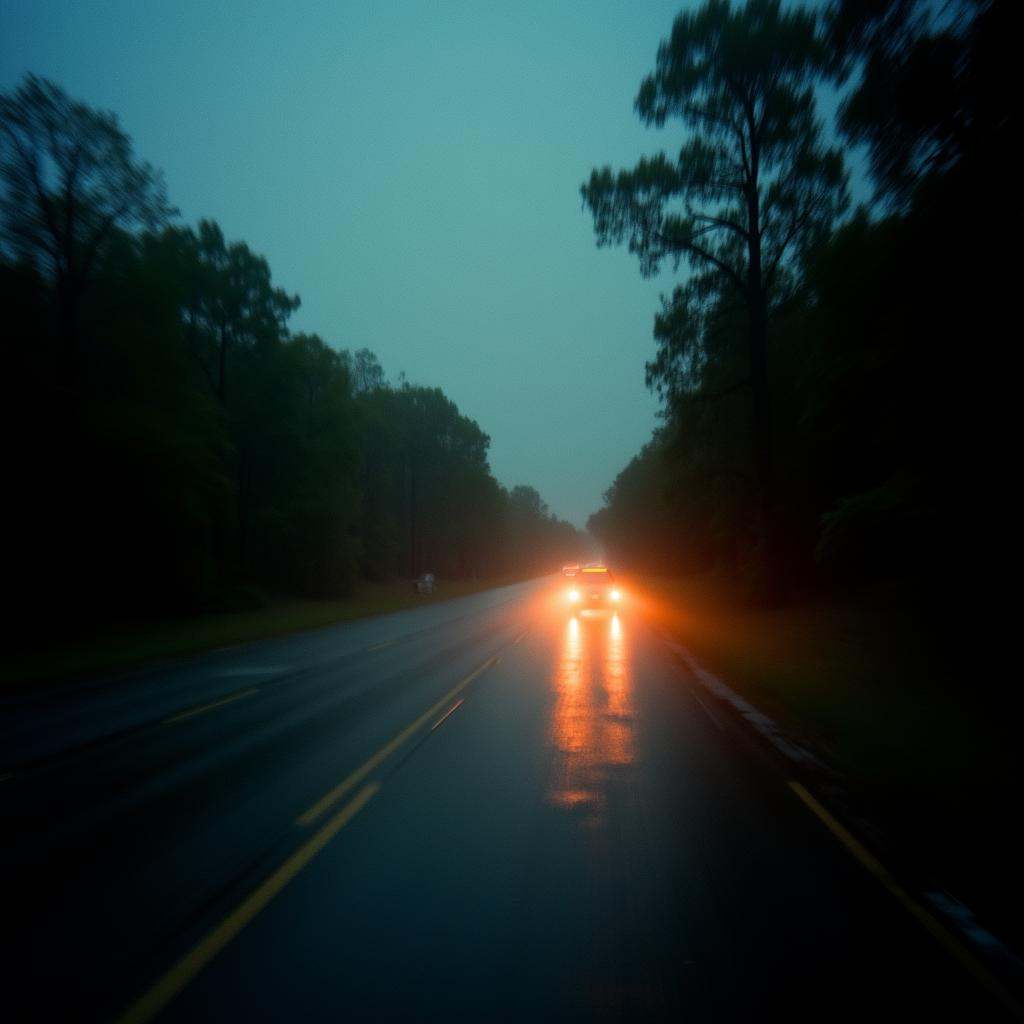 analog film photo Kodak Portra 400 analog film stocks of a car driving down a road in the rain,  detailed image,  sharp ed...