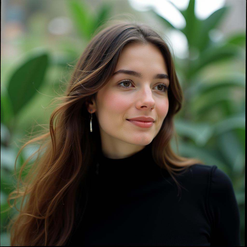 analog film photo Kodak Portra 400 analog film stocks of a woman with long hair wearing a black turtle neck,  detailed ima...