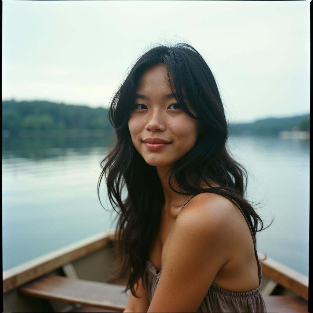 analog film photo Kodak Portra 400 analog film stocks of a woman sitting on a boat in a lake,  detailed image,  sharp edge...