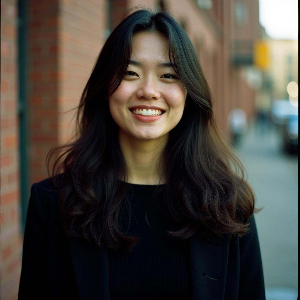 cinematic film still Kodak Portra 400 analog film stocks of a woman in a black coat is smiling,  detailed image,  sharp ed...