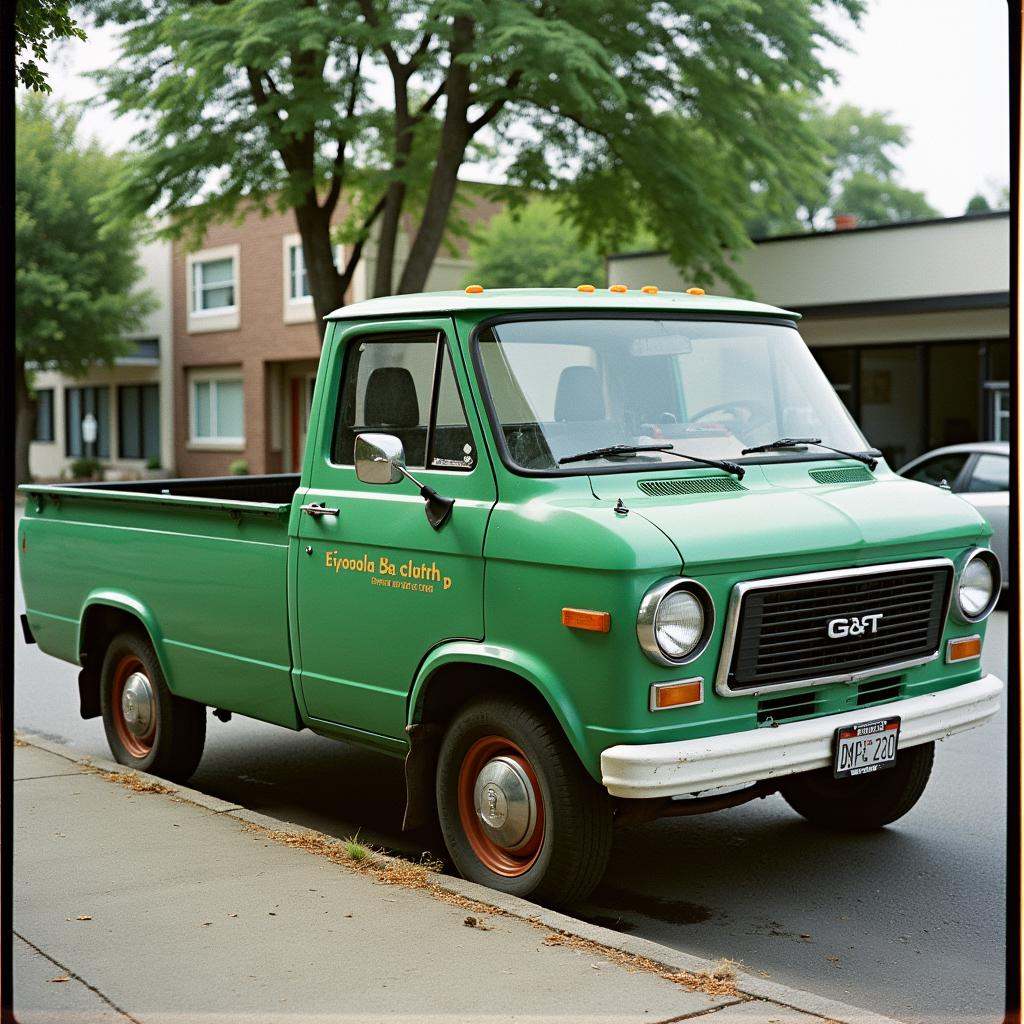 analog film photo Kodak Portra 400 analog film stocks of a green truck parked on the side of a street,  detailed image,  s...