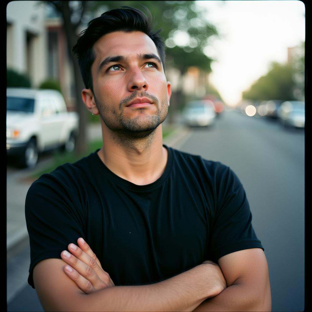 analog film photo Kodak Portra 400 analog film stocks of a man with his arms crossed looking up,  detailed image,  sharp e...