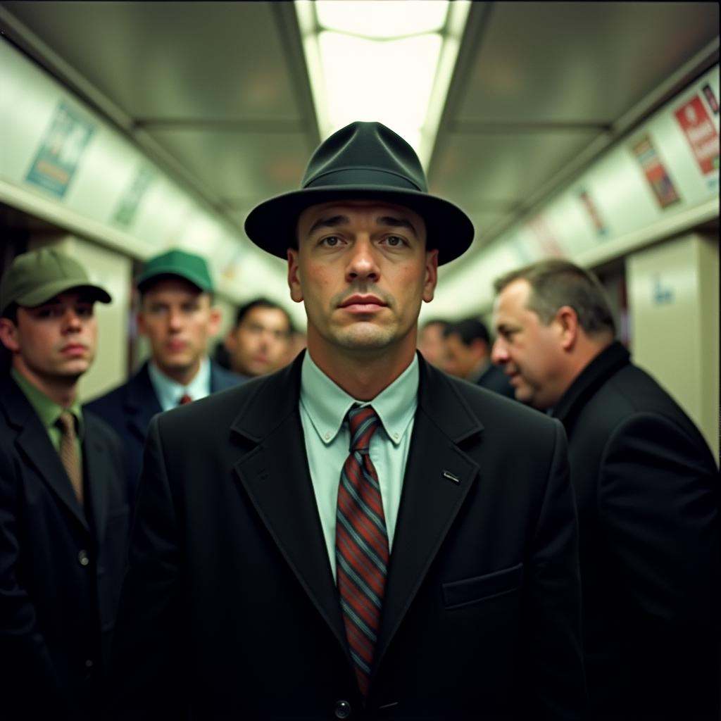 analog film photo Kodak Portra 400 analog film stocks of a man in a black jacket and tie standing in a subway,  detailed i...