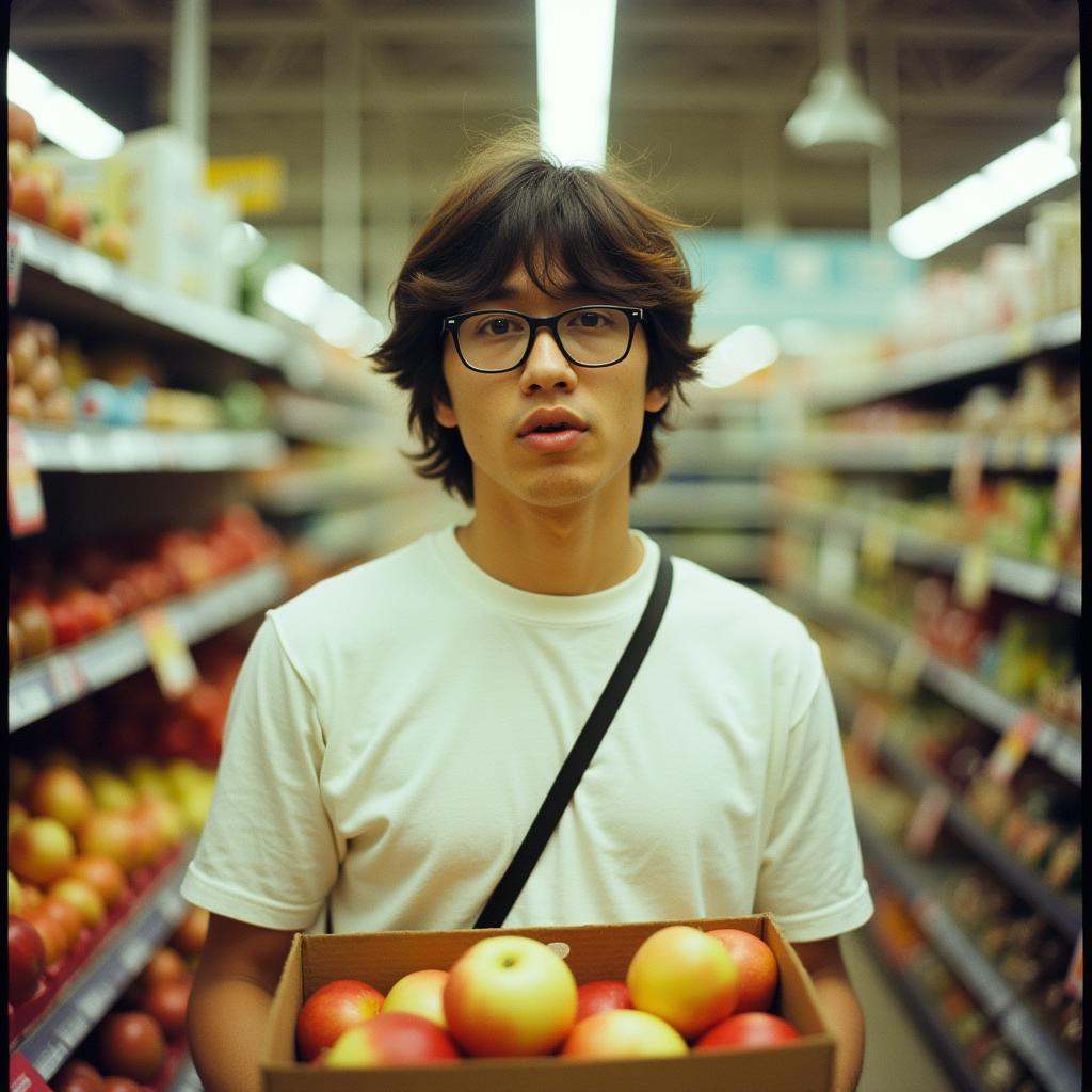 analog film photo Kodak Portra 400 analog film stocks of a man in a store with a box of apples,  detailed image,  sharp ed...