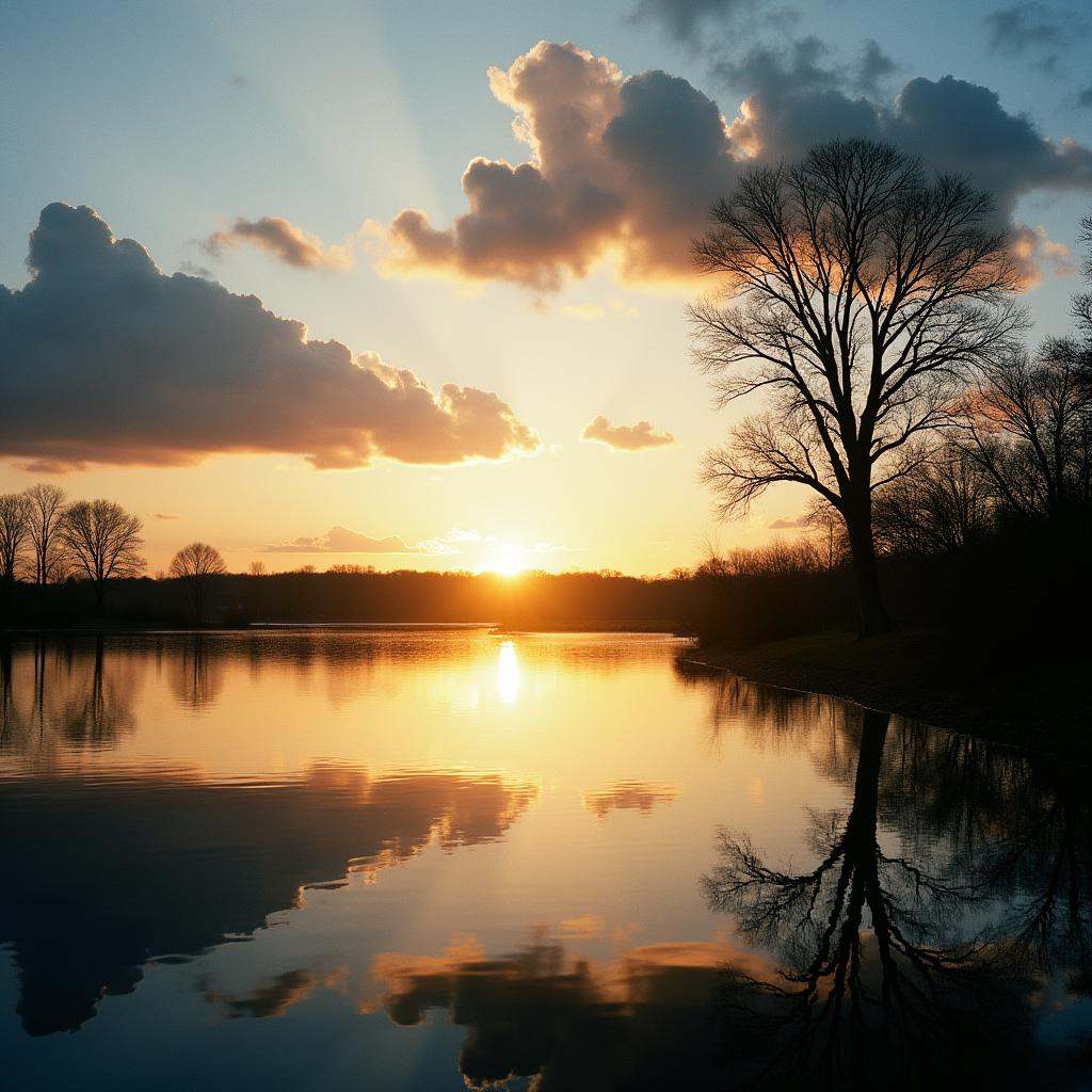 analog film photo Kodak Portra 400 analog film stocks of a body of water with a sunset in the background,  detailed image,...