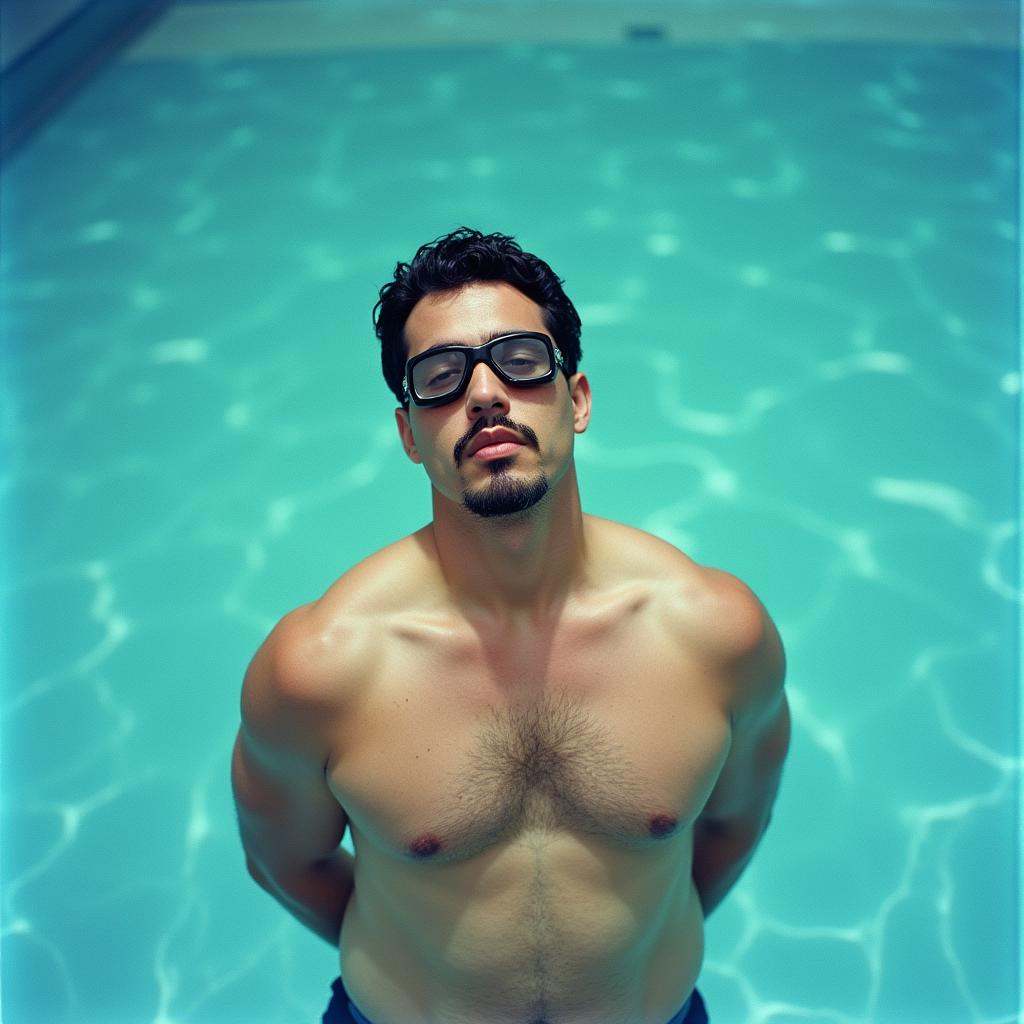 analog film photo Kodak Portra 400 analog film stocks of a man in a swimming pool with a goggles on,  detailed image,  sha...