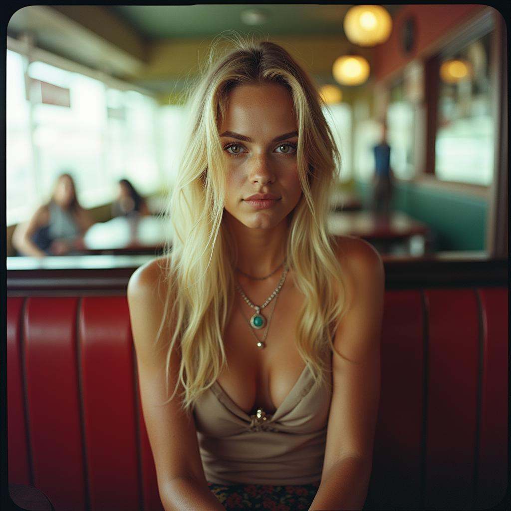 analog film photo Kodak Portra 400 analog film stocks of a woman sitting on a bench in a restaurant,  detailed image,  sha...