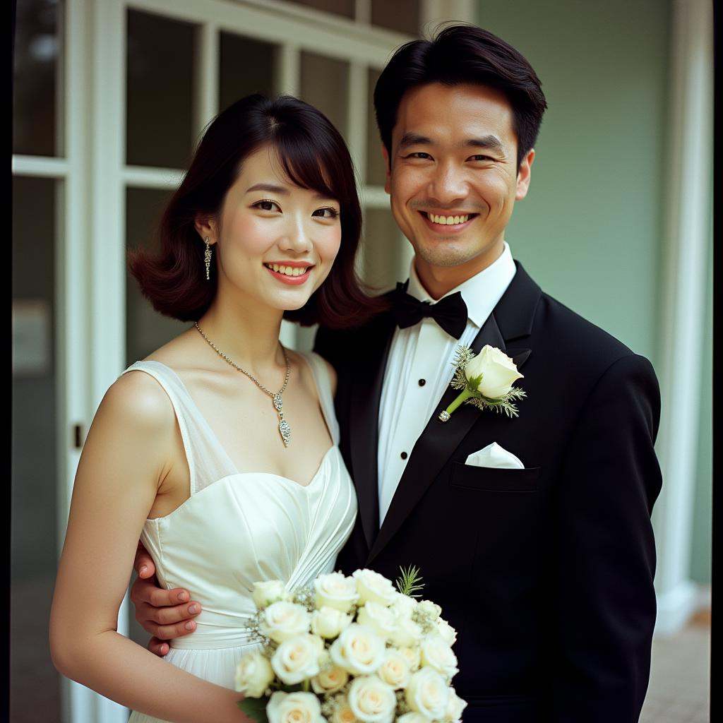 analog film photo Kodak Portra 400 analog film stocks of a man and woman in formal attire standing next to each other,  de...