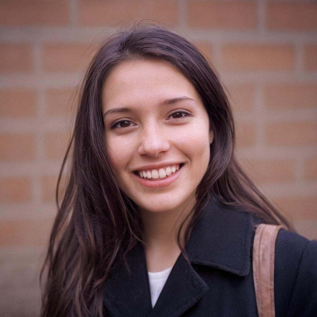 Kodak Portra 400 analog film stocks of a woman in a black coat is smiling,  detailed image,  sharp edges on Tensor.Art