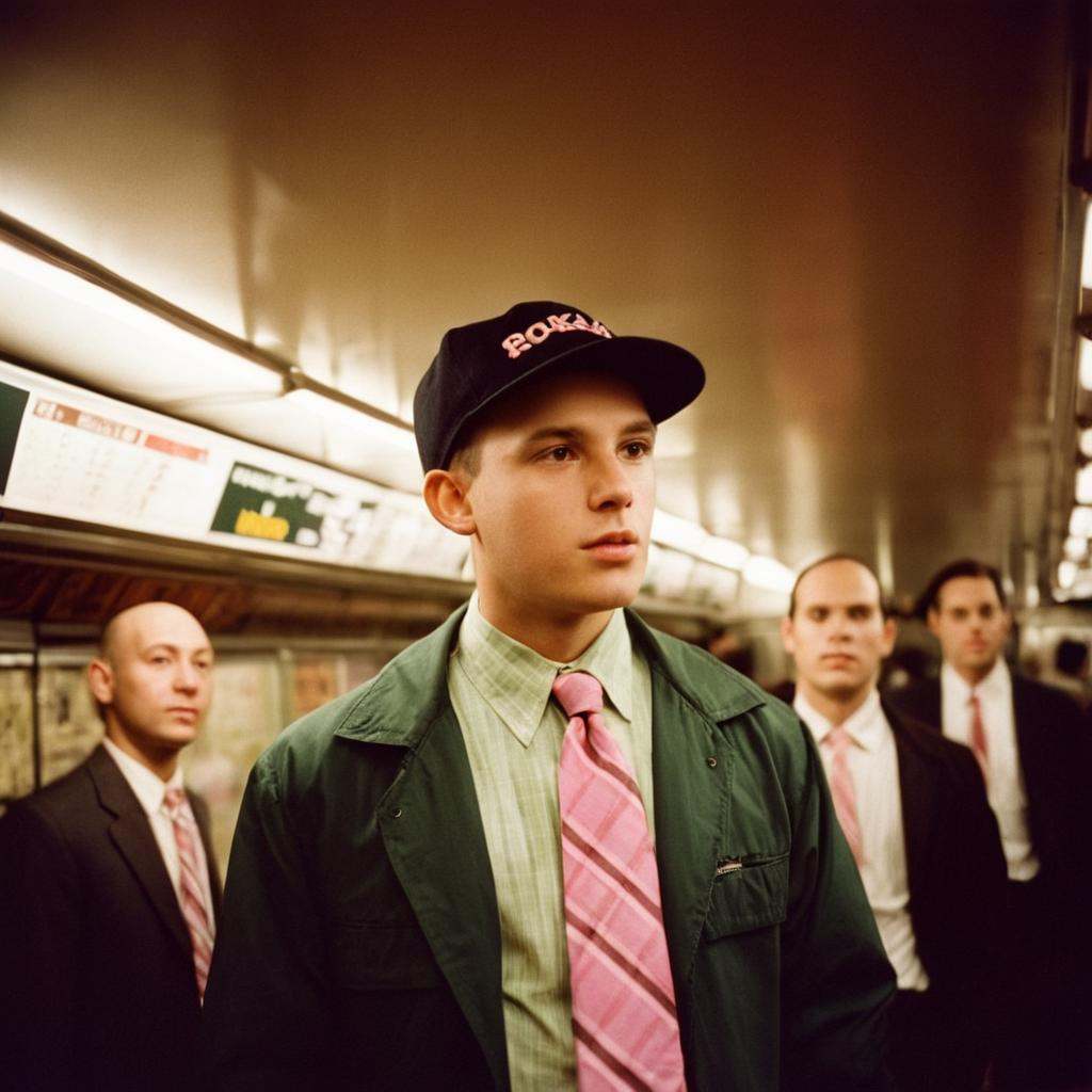 analog film photo of Kodak Portra 400 analog film stocks of a man in a black jacket and tie standing in a subway,  detaile...