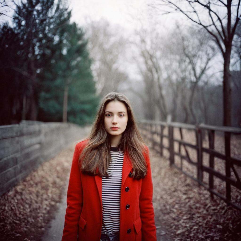 analog film photo of Kodak Portra 400 analog film stocks of a woman with long hair wearing a red jacket,  detailed image,...