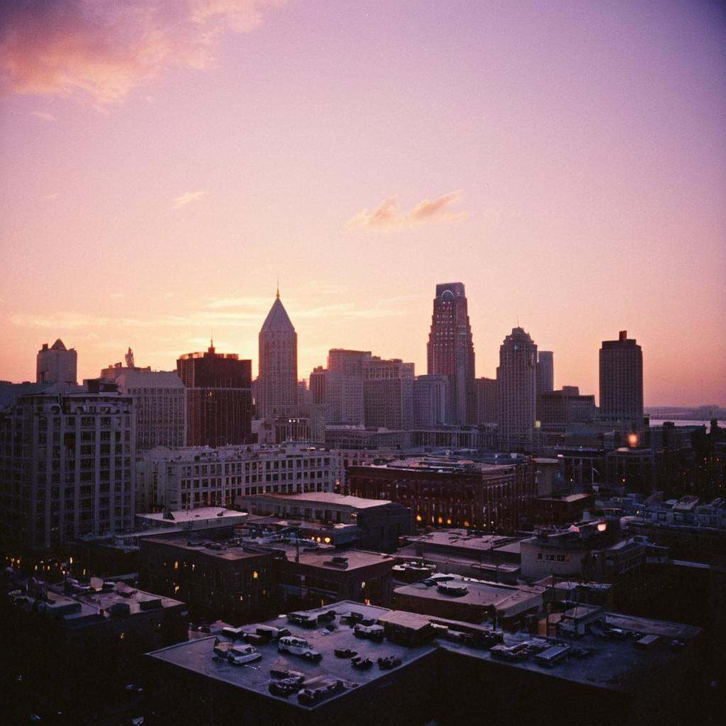 analog film photo of Kodak Portra 400 analog film stocks of a city skyline with a sunset in the background,  detailed imag...
