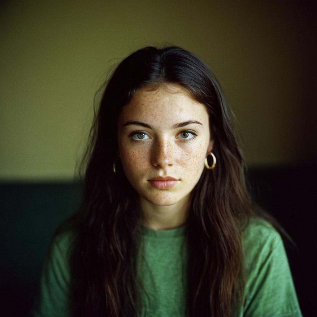 analog film photo of Kodak Portra 400 analog film stocks of a woman with freckles and a greenshirt,  detailed image,  shar...