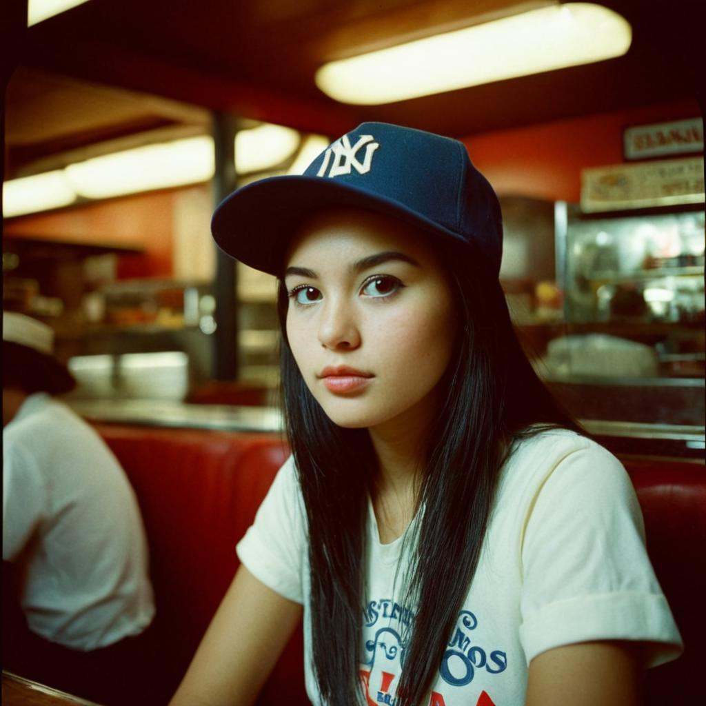 analog film photo of Kodak Portra 400 analog film stocks of a woman sitting in a booth with a hat on,  detailed image,  sh...