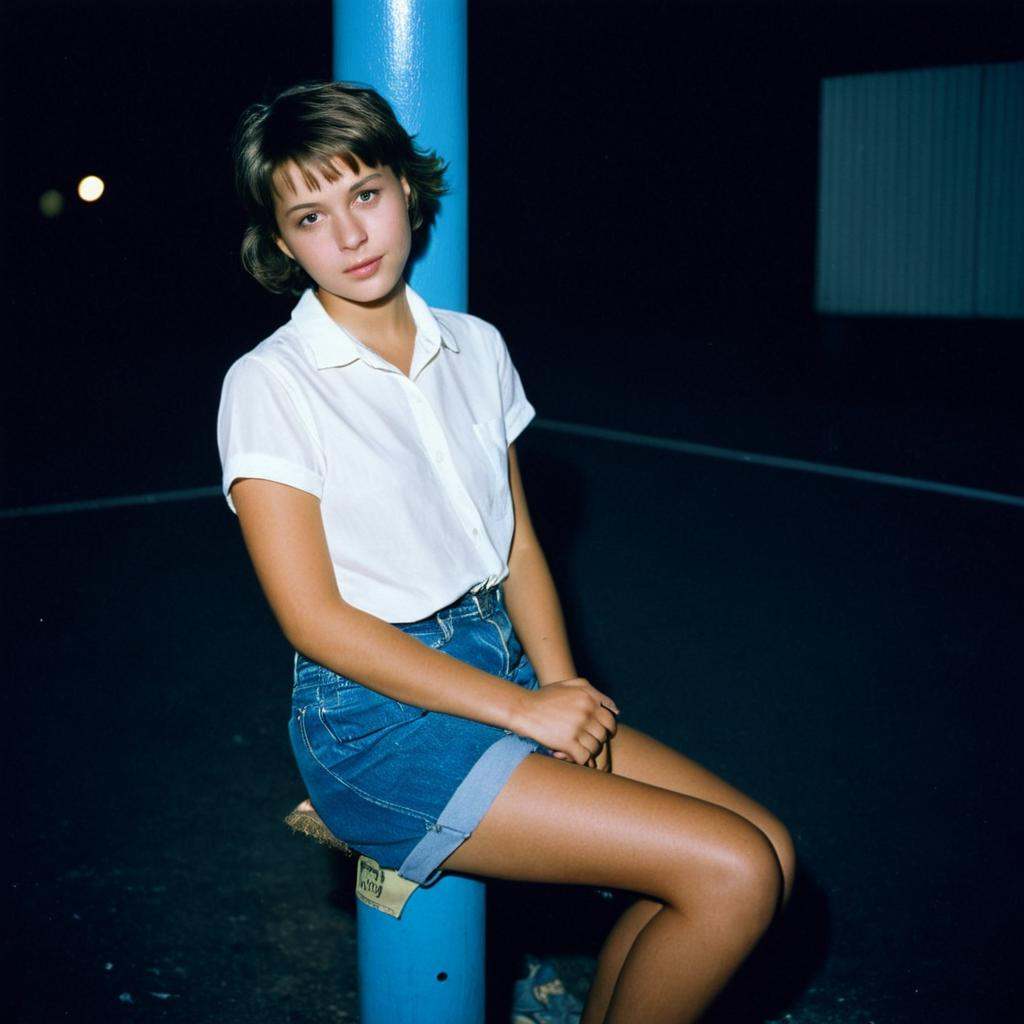 analog film photo of Kodak Portra 400 analog film stocks of a young woman sitting on a blue pole,  detailed image,  sharp...