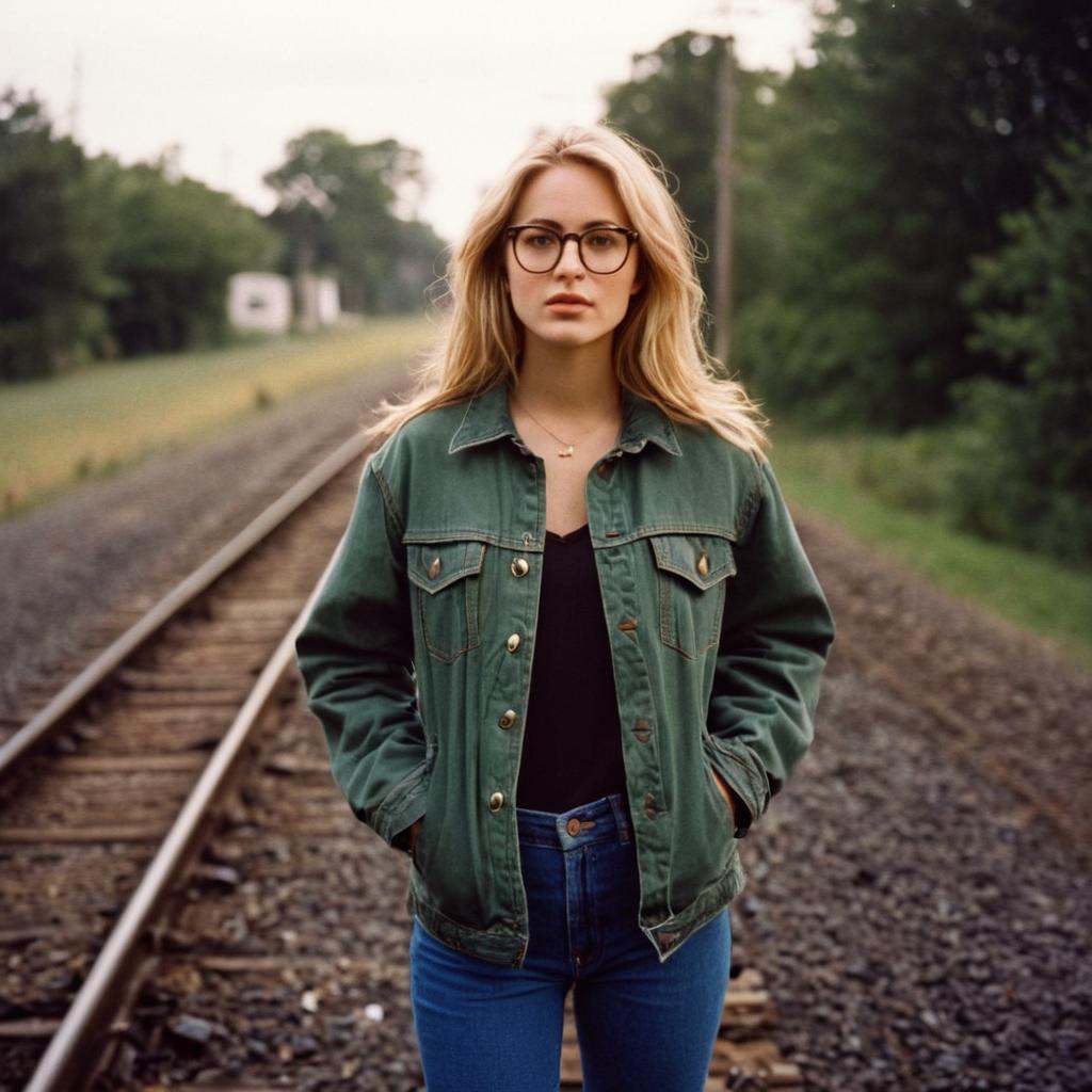 analog film photo of Kodak Portra 400 analog film stocks of a woman with glasses standing on a train track,  detailed imag...