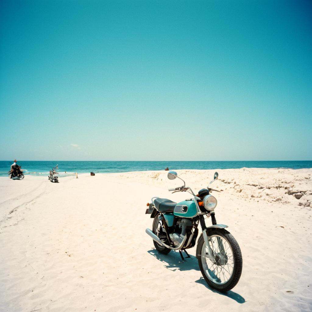 analog film photo of Kodak Portra 400 analog film stocks of a person riding a motorcycle on a beach,  detailed image,  sha...