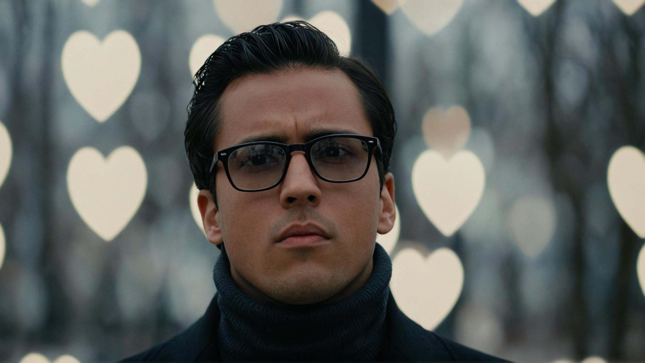 cinematic film still of perfection style detailed Anamorphic bokeh style of a man in a suit and tie standing in front of a...