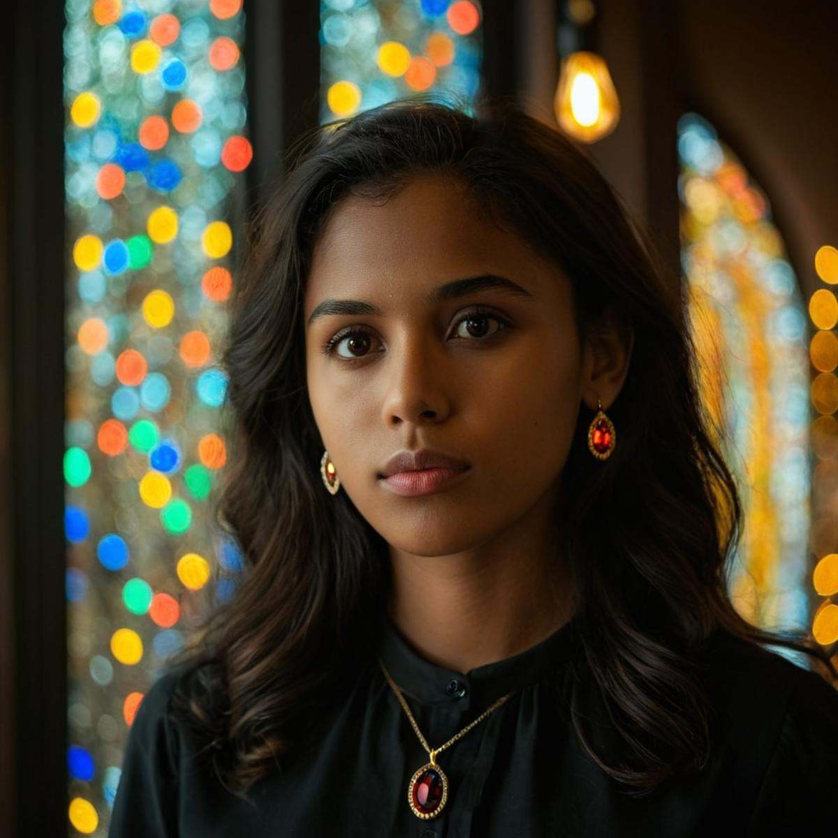 cinematic film still of perfection style detailed Anamorphic bokeh style of a woman with a black shirt and a colorful back...