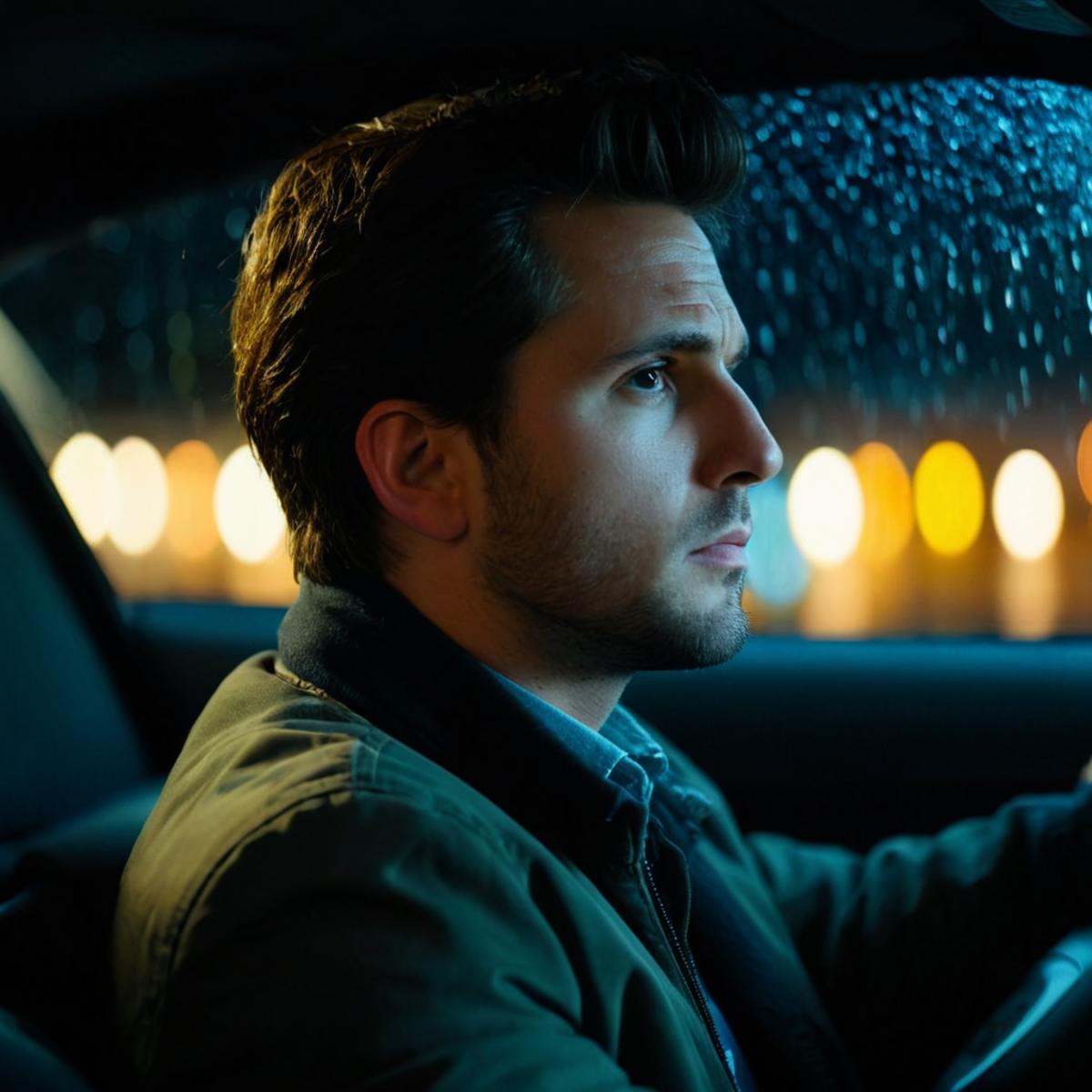 cinematic film still of perfection style detailed Anamorphic bokeh style of a man driving a car at night in the dark,  det...