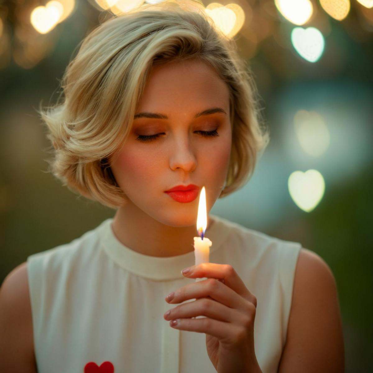 cinematic film still of perfection style detailed Anamorphic bokeh style of a woman blowing out a candle with hearts in th...