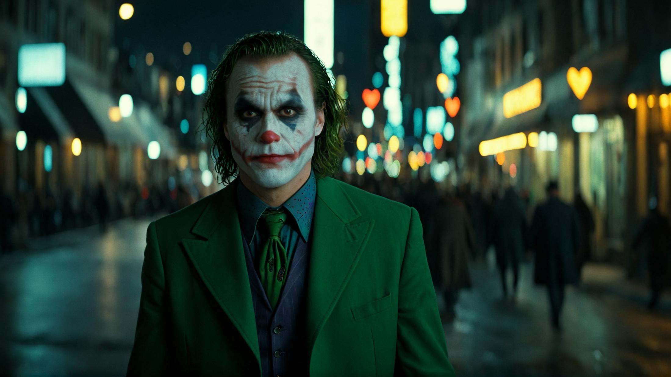 cinematic film still of perfection style detailed anamorphic bokeh style the joker walking streets of Gotham city at night...