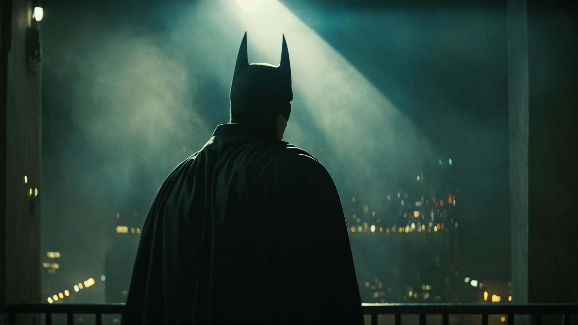 cinematic film still of perfection style detailed A beautiful Anamorphic format film photo of a man in a batman costume st...