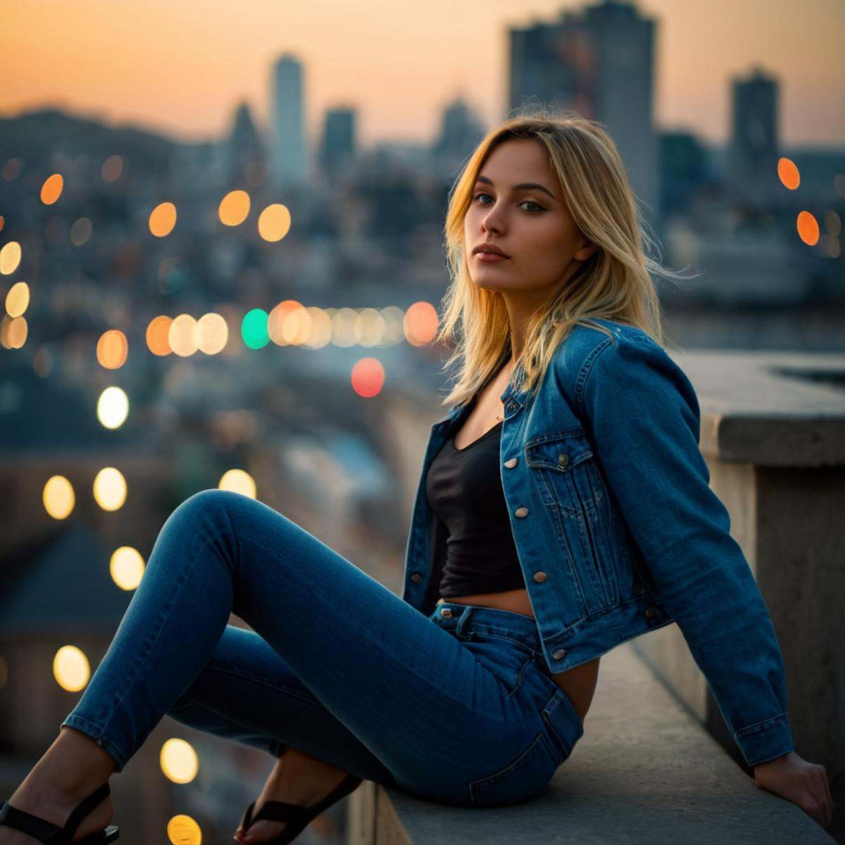 cinematic film still of perfection style detailed Anamorphic bokeh style of a woman sitting on a ledge looking at the city...