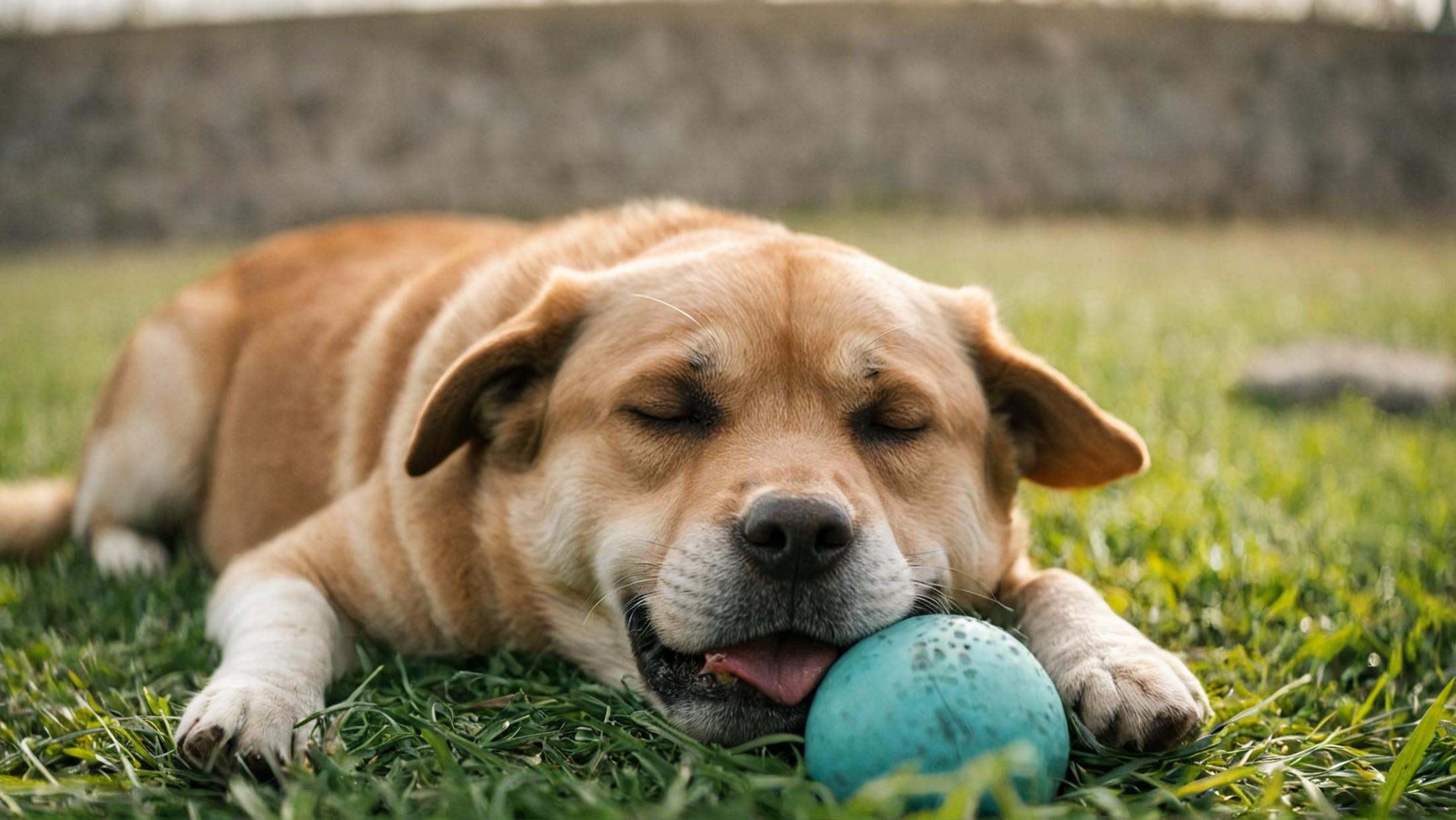 cinematic film still of perfection style detailed Anamorphic bokeh style of a dog laying in the grass with a ball in its m...