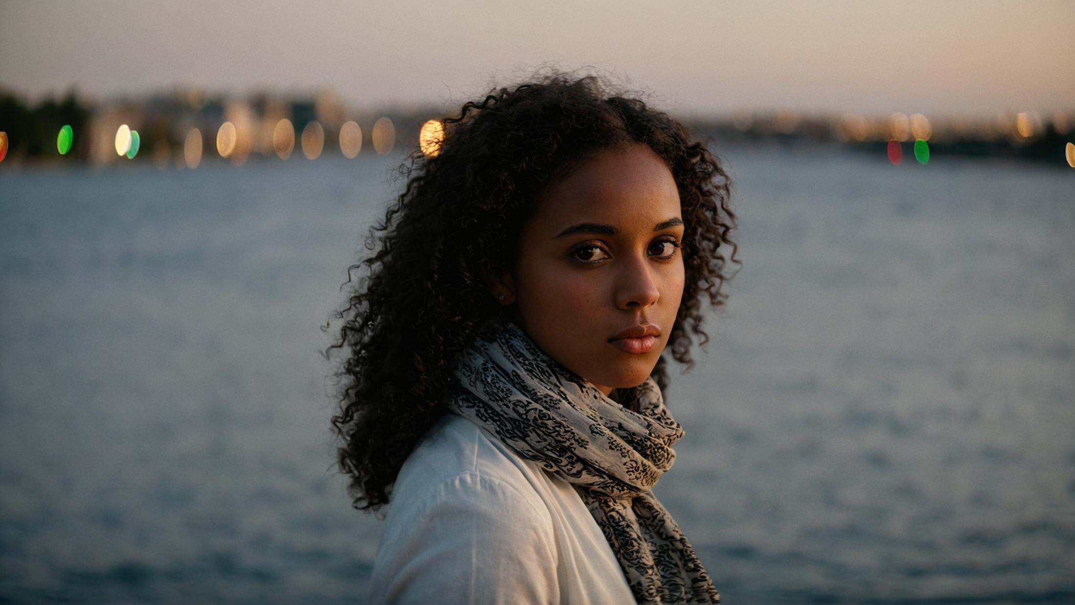 cinematic film still of perfection style detailed Anamorphic bokeh style of a woman standing in front of a body of water,...