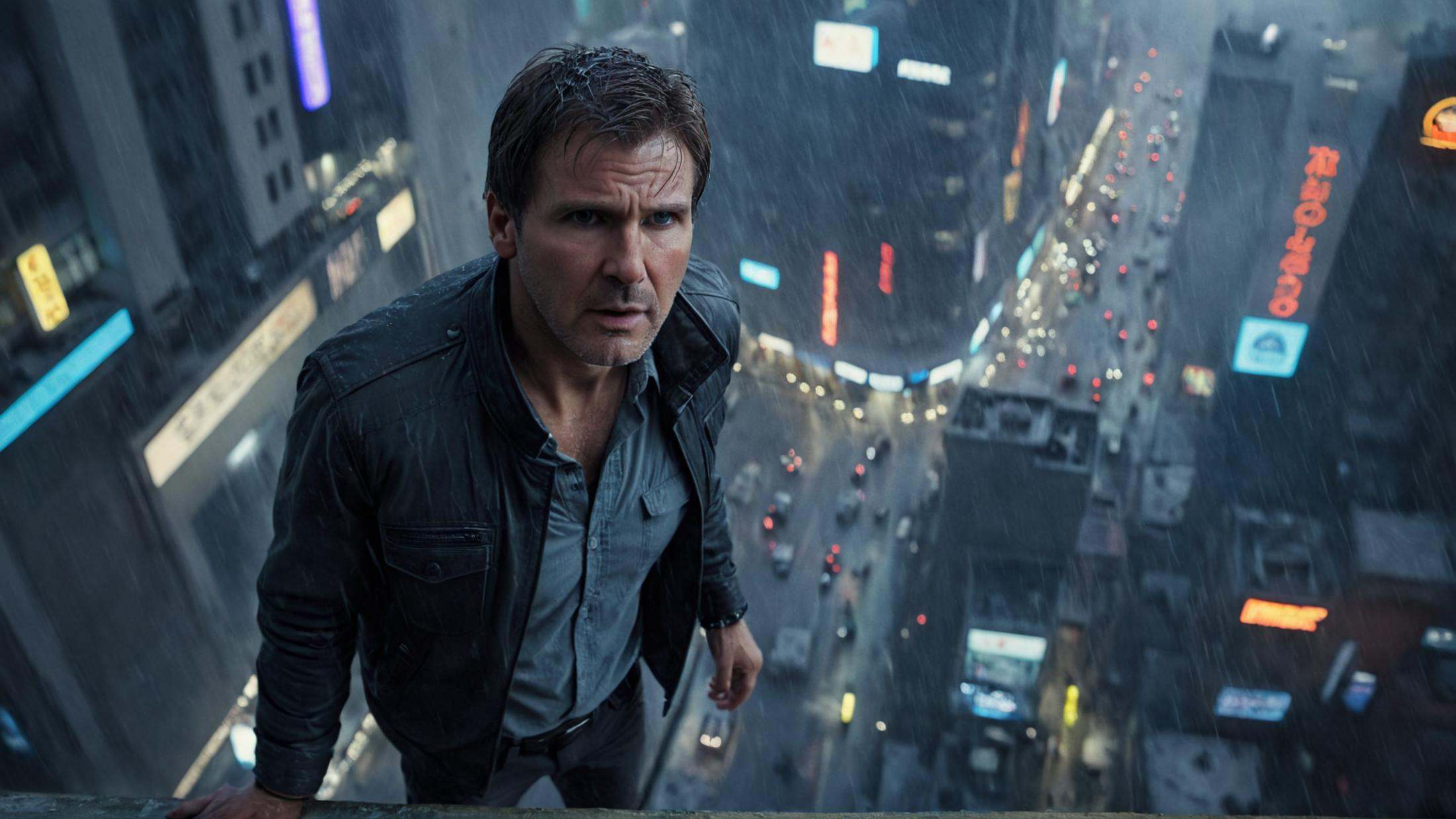 cinematic film still of perfection style detailed anamorphic bokeh style Harrison Ford High angle from above Cinematic Hyp...