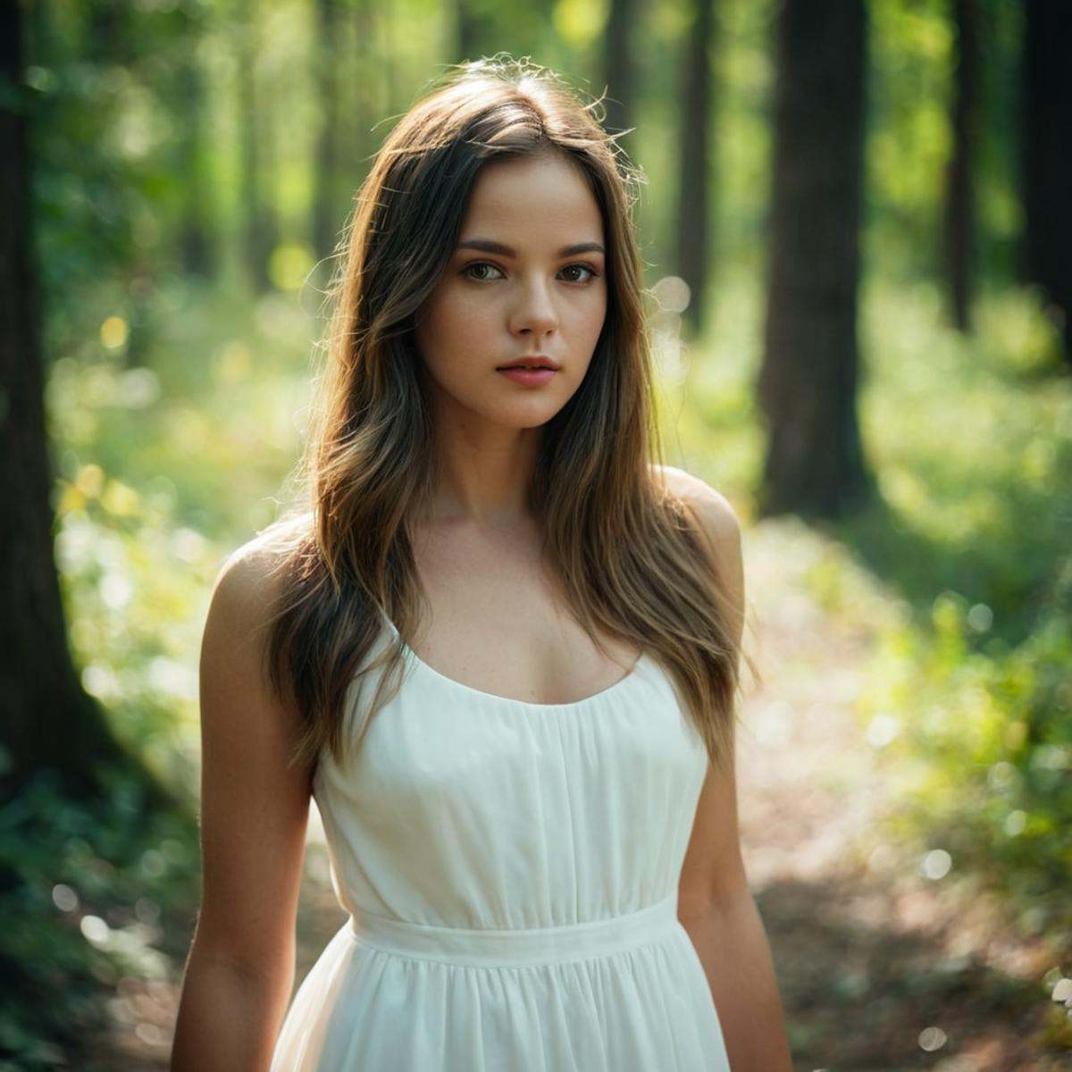 cinematic film still of perfection style detailed Anamorphic bokeh style of a woman in a white dress standing in a forest,...