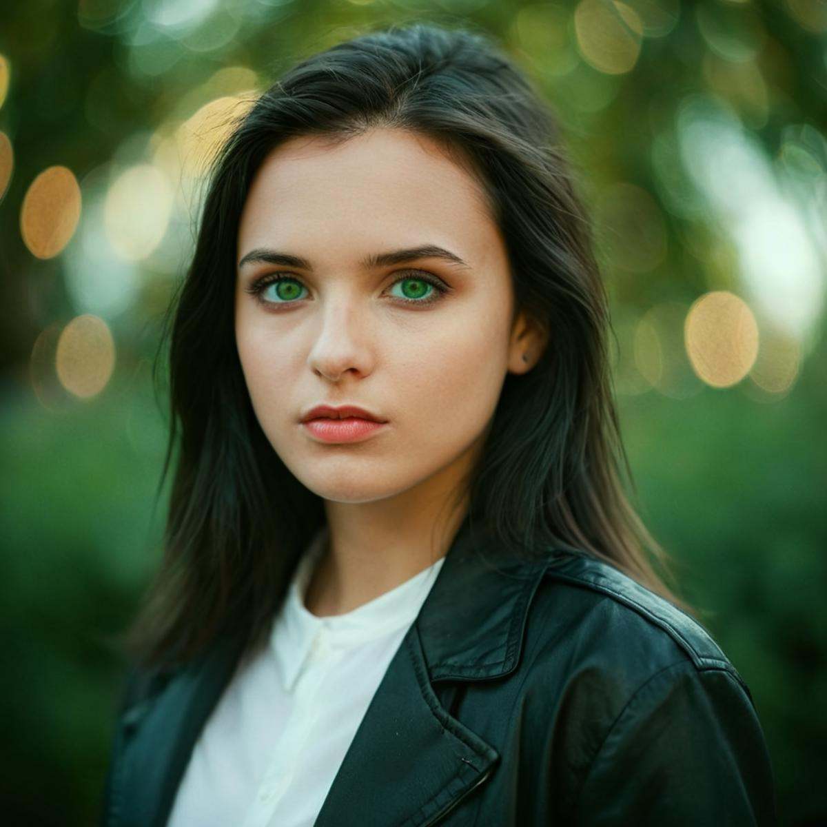 cinematic film still of perfection style detailed Anamorphic bokeh style of a woman in a white shirt and black jacket,  de...