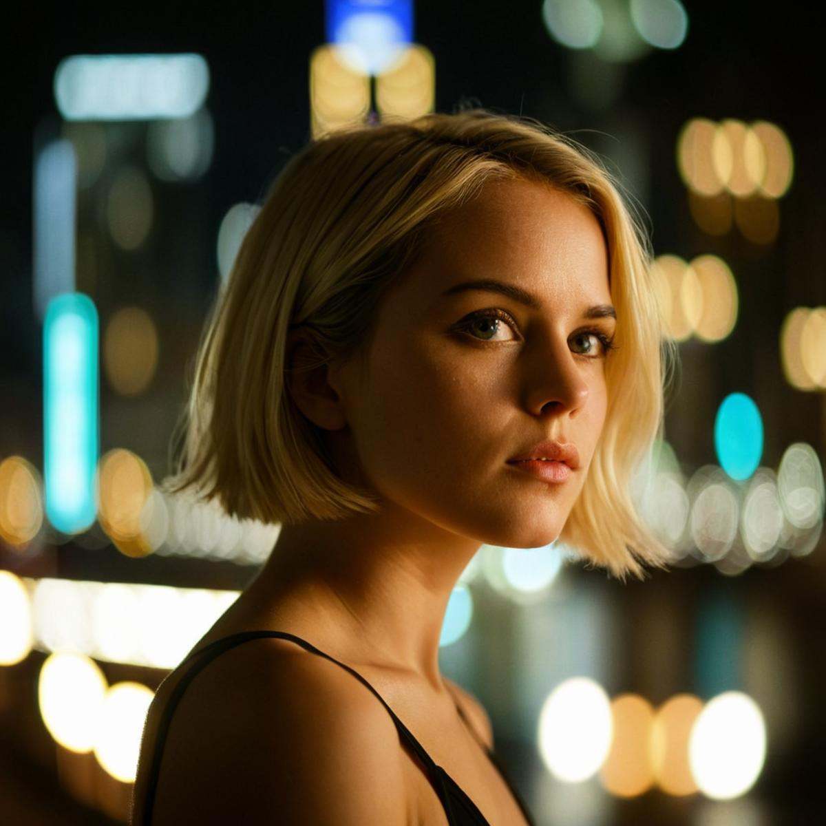 cinematic film still of perfection style detailed Anamorphic bokeh style of a woman standing in front of a city at night,...