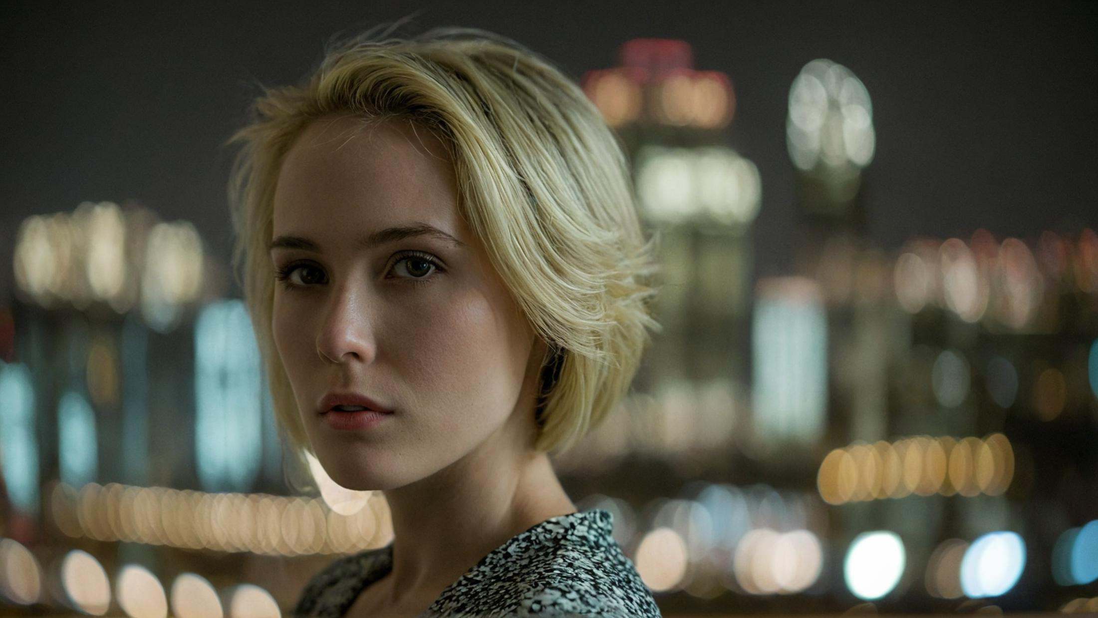 cinematic film still of perfection style detailed Anamorphic bokeh style of a woman standing in front of a city at night,...
